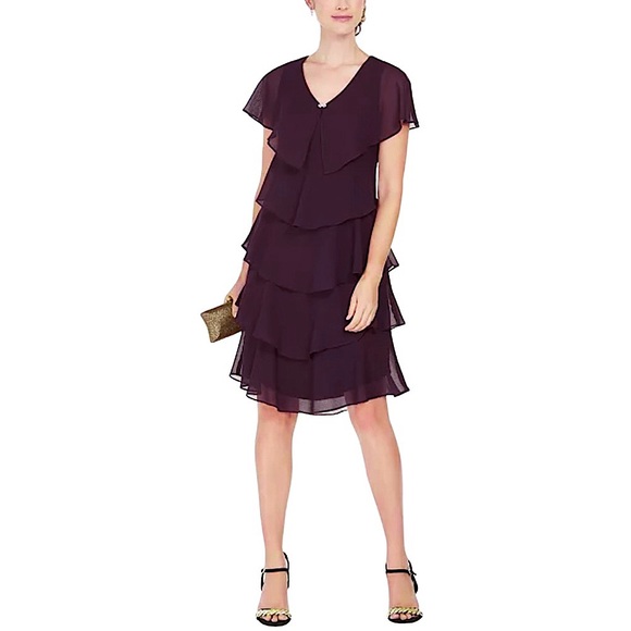 SL Fashions Tiered Rhinestone Capelet Dress in Fig Size 14 NWT - Picture 1 of 13